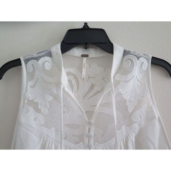 Free People Boho Lace Blouse Top w/Button & Tie Collar Ivory $85 - Picture 5 of 7
